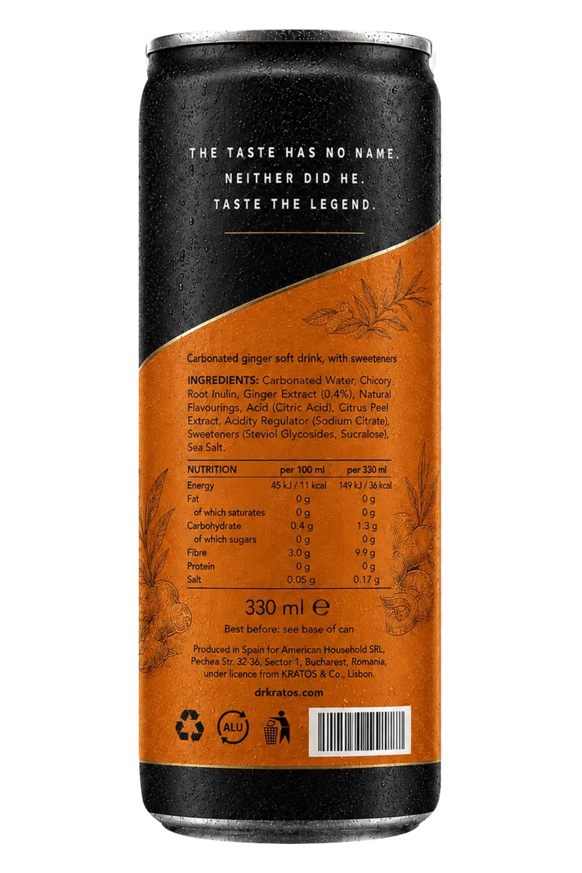 Back of the DR. KRATOS Ginger can, showing the ingredient and nutrition declaration