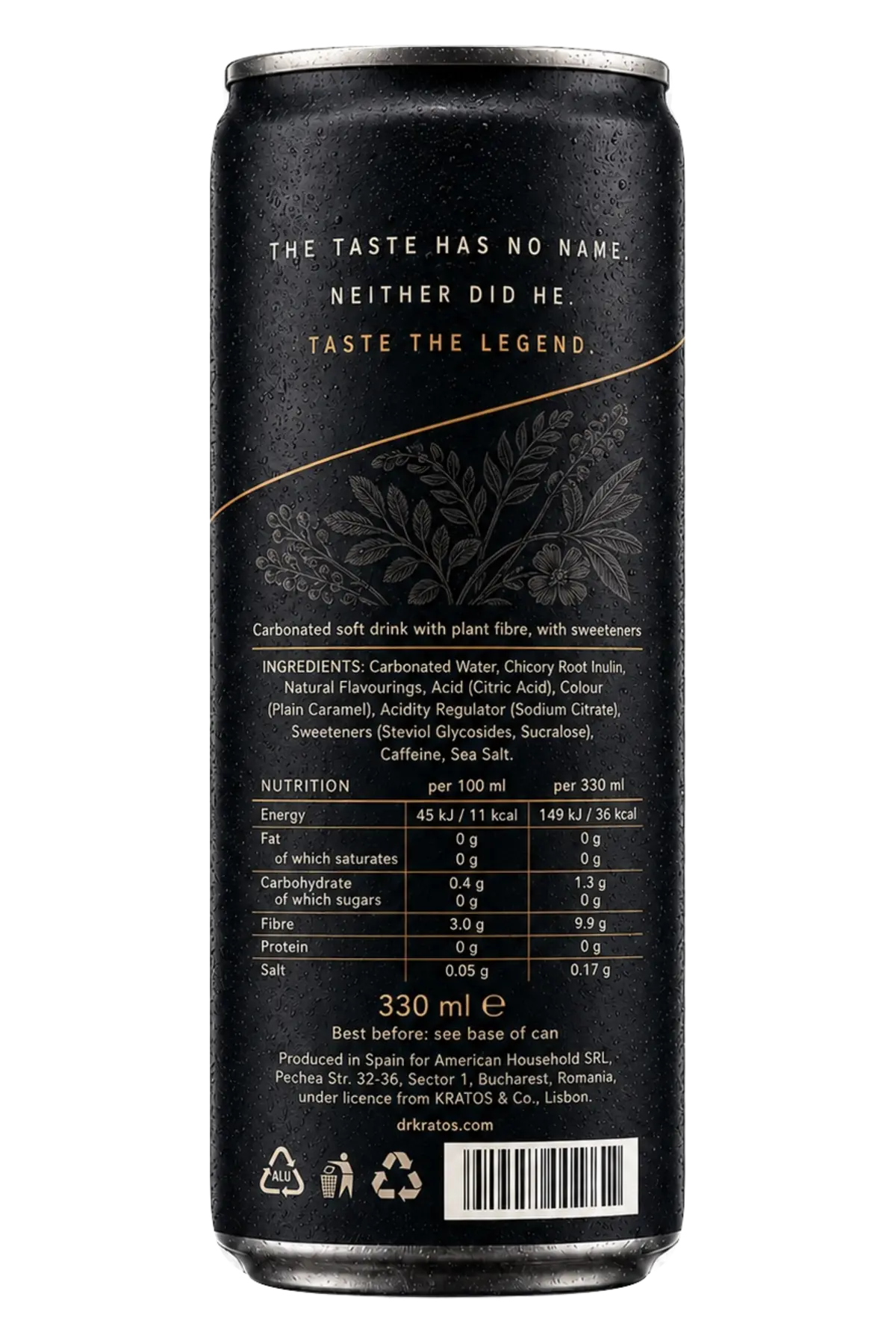 Back of the DR. KRATOS Original can, showing the ingredient and nutrition declaration