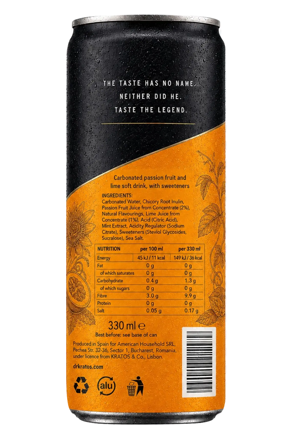 Back of the DR. KRATOS Passion Mojito can, showing the ingredient and nutrition declaration