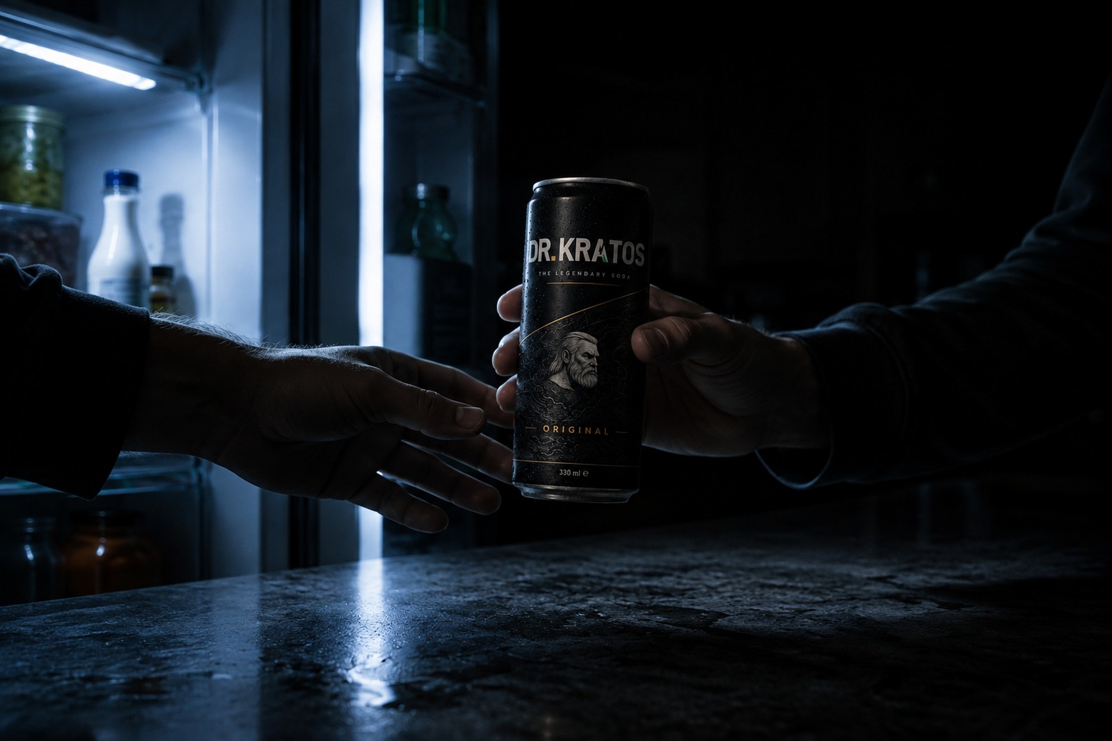 Two people passing a can of DR KRATOS Original across a dark kitchen counter