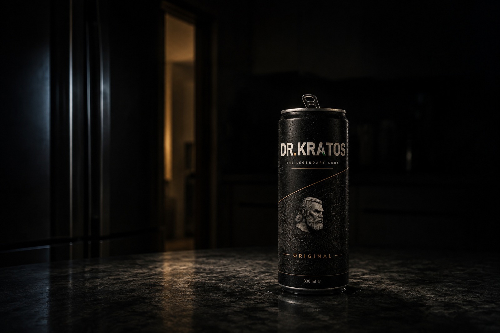 An opened DR KRATOS Original can resting on a dark kitchen counter